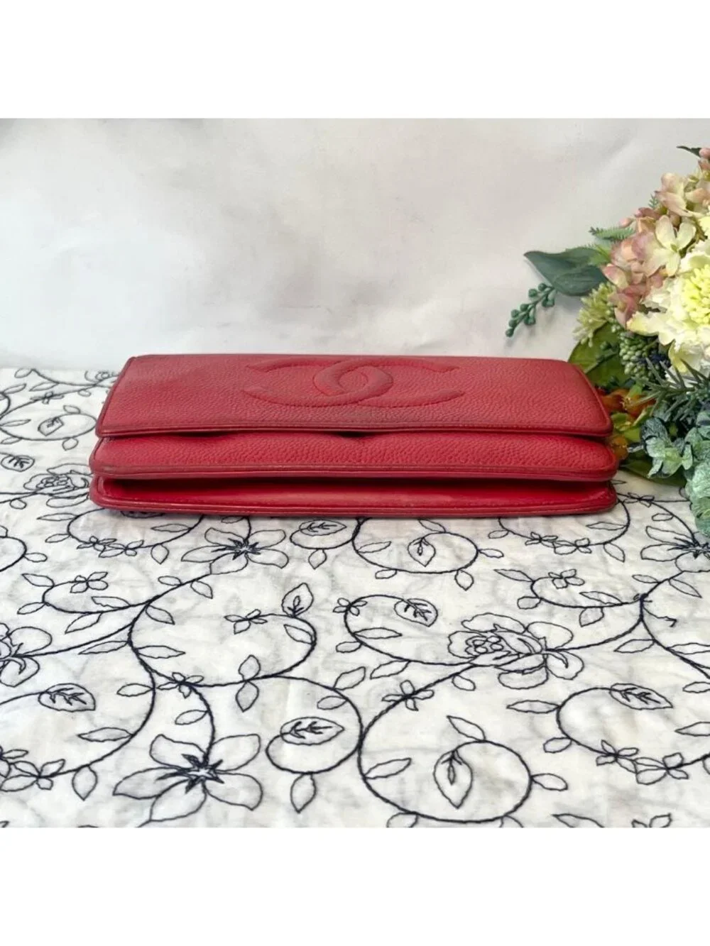 Chanel Chain Wallet Jumbo CC Logo Caviar Leather Red Shoulder Bag